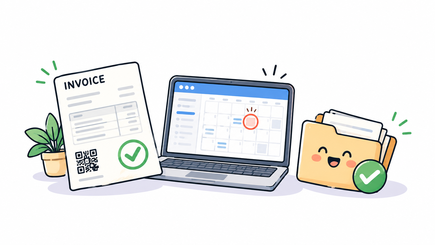 A tidy invoice sheet with a green tick stamp and a small QR code beside a laptop with calendar and checked folder