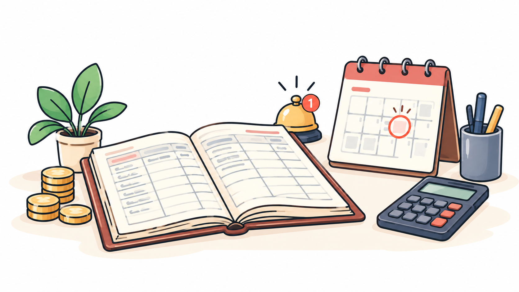 A shopkeeper desk with an open ledger book, a stack of coins, and a notification bell with calendar