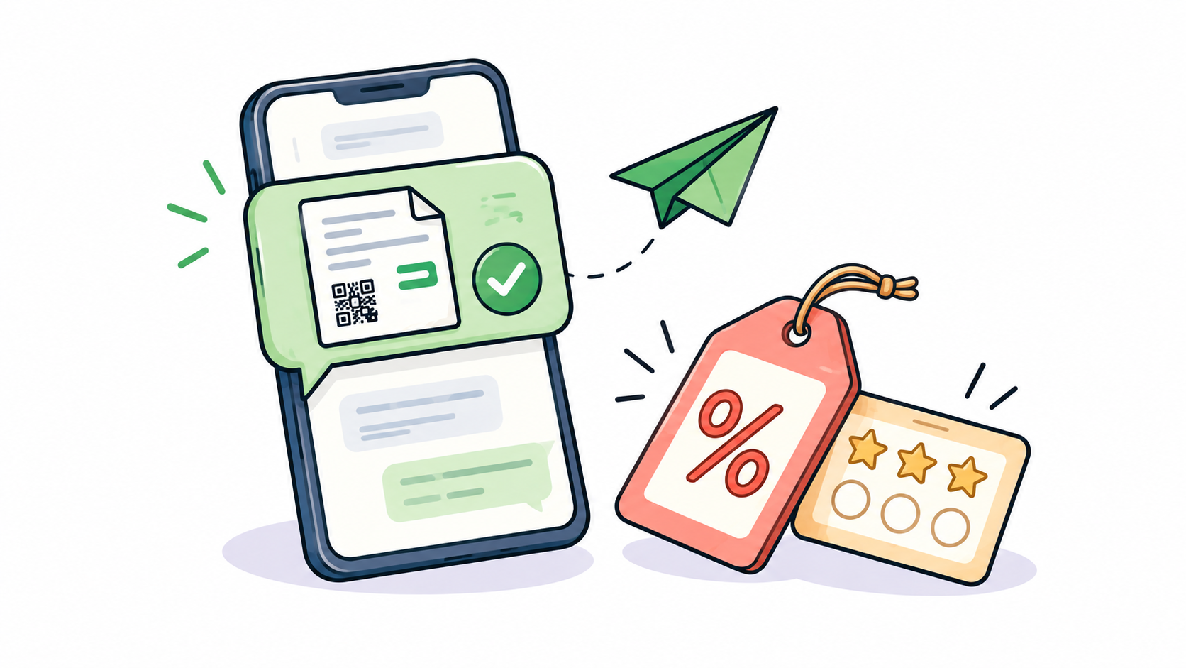 A smartphone showing a green chat bubble with an invoice, flying paper plane, discount tag, and loyalty reward star